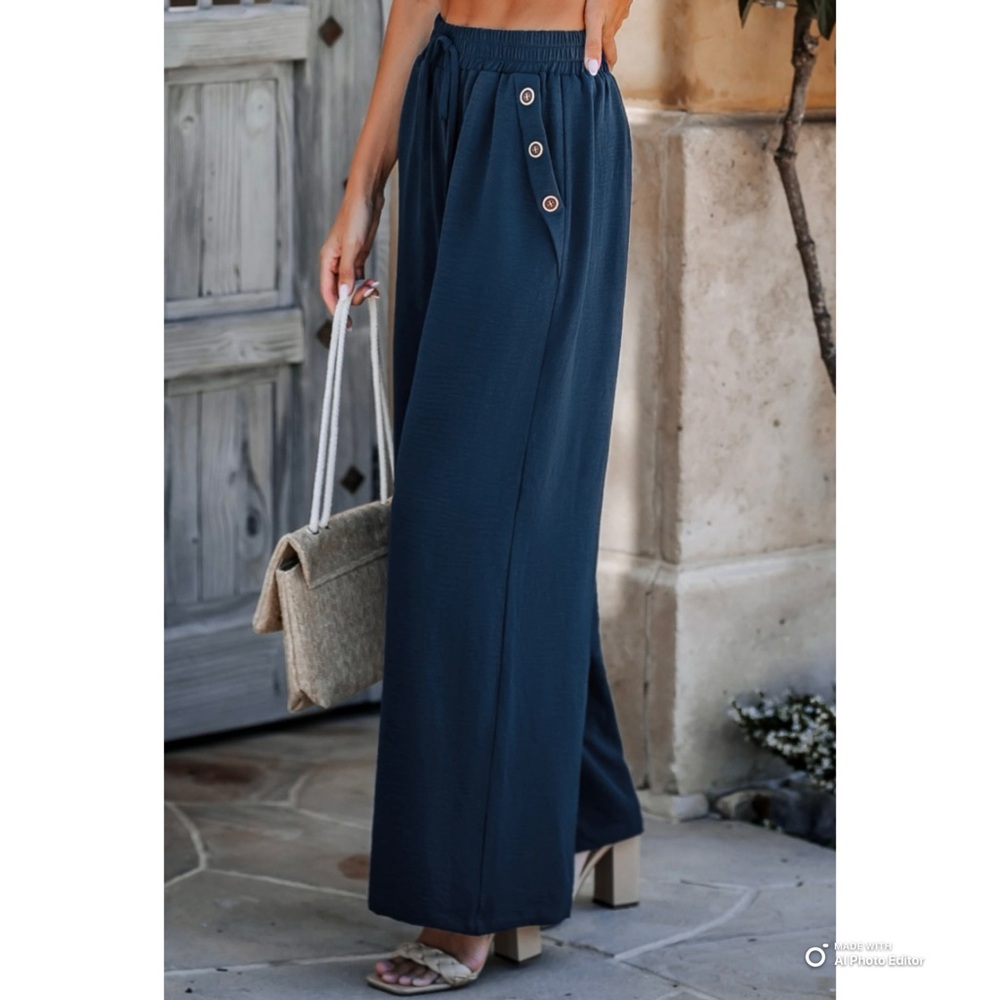 Cupshe Navy Blue Wide Leg Pull-On Sailor Pants Size Medium NWT Beach Vacation - Picture 10 of 16